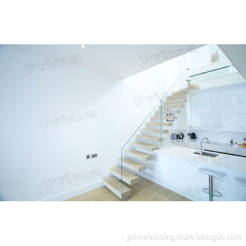 Interior Wood Straight Staircase with Frameless Glass Railings